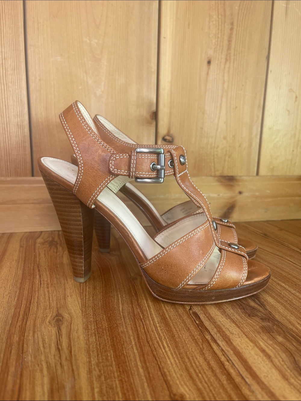 Coach Brown Leather Strappy Slingback Sandals Ginger Whiskey T-strap sandals